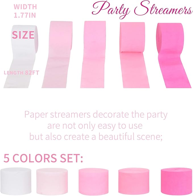 Pink Crepe Paper Streamers Birthday Party Decorations(5 Rolls)- Light Pink, Baby Pink,Hot Pink,White Paper Crafts for Girls Women Coquette Pink Bow Mouse Kitty Cartoon Party Décor