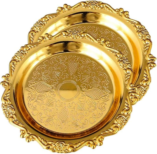 2PCS Coffee Table Tray 5.9in Round Decorative Tray Vintage Metal Dessert Plates for Snacks Fruit Gold