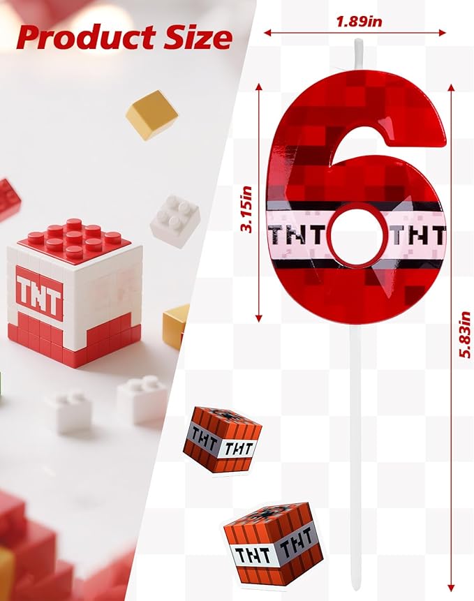 Number 6 Red Pixel Birthday Candle, TNT Themed Birthday Candles for Cake, 2.71 Inch Green Miner Number Candles, Game Themed Candle Birthday Decoration, Red Birthday Cake Topper for Boys Girls Party