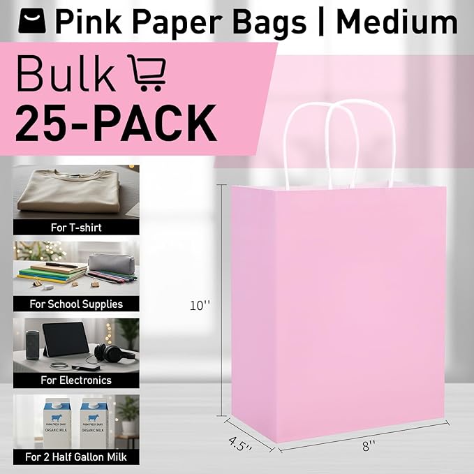 SUNCOLOR 25 Pack Pink Gift Bags with Handles – 8x4.5x10 Medium Bags for Shopping, Retail, DIY, Wedding, Party Favors & Special Occasions