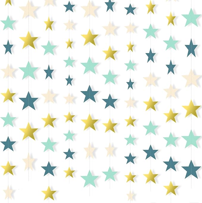 Patelai 130 Feet Glitter Star Garland Banner 2026 Party Decoration Double Side Star Hanging String Streamer Paper Twinkle for Graduation Wedding Birthday (Dark Green,Gold,Yellow,Light Green,Apricot)