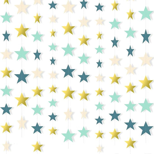 Patelai 130 Feet Glitter Star Garland Banner 2026 Party Decoration Double Side Star Hanging String Streamer Paper Twinkle for Graduation Wedding Birthday (Dark Green,Gold,Yellow,Light Green,Apricot)