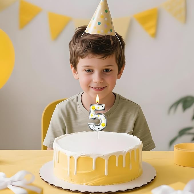 Number 5 Birthday Candle for Cake – 2.7 Inch Large Size Black White Checkered Smiley Design with Lightning & Star – five Happy Dude Theme Cake Topper Decoration