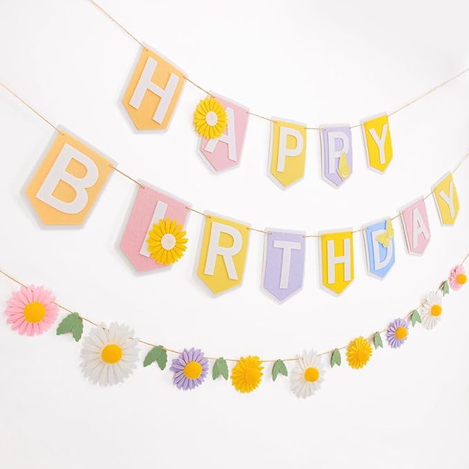 SUNBEAUTY Felt Pastel Happy Birthday Banner Daisy Garland Banner Colorful Floral Green Leaves Garland Daisy Party Decorations for Women Girls Boho Birthday Baby Shower Spring Summer Garden (8.2ft)