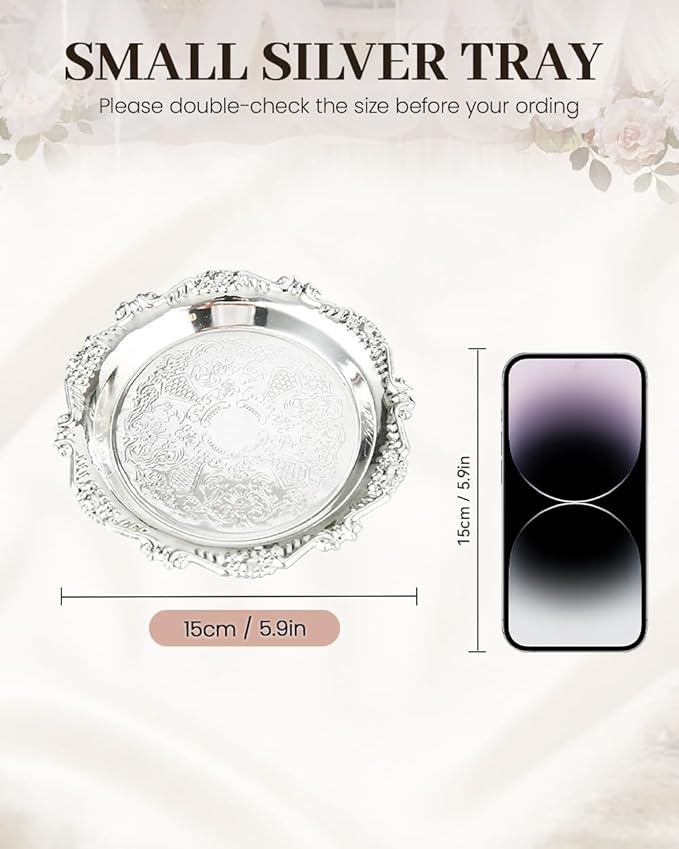 2PCS Coffee Table Tray 5.9in Round Decorative Tray Vintage Metal Dessert Plates for Snacks Fruit Silver