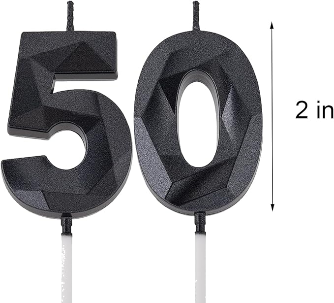 2 inch Black 50 Birthday Candles, 3D Diamond Number 50 Cake Topper for Men Women Birthday Party Decorations Theme Party