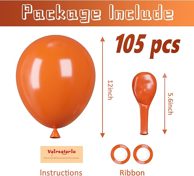Voircoloria 105pcs Orange Balloons 12inch Party Latex Balloons for Boys Girls Birthday Baby Shower Gender Reveal Wedding Sunflower Party Decorations