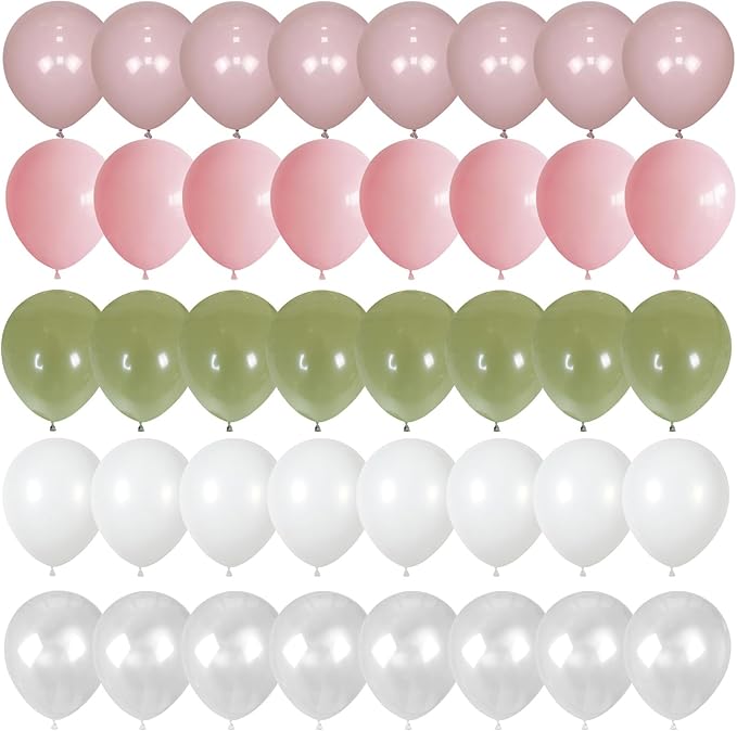 Dusty Pink Green White Balloons for Fairy Birthday Party Decorations 60PCS 12INCH Light Pink Sage Olive Green Clear Helium Latex Balloons for Arch Woodland Decor Butterfy Wildflower Baby Shower