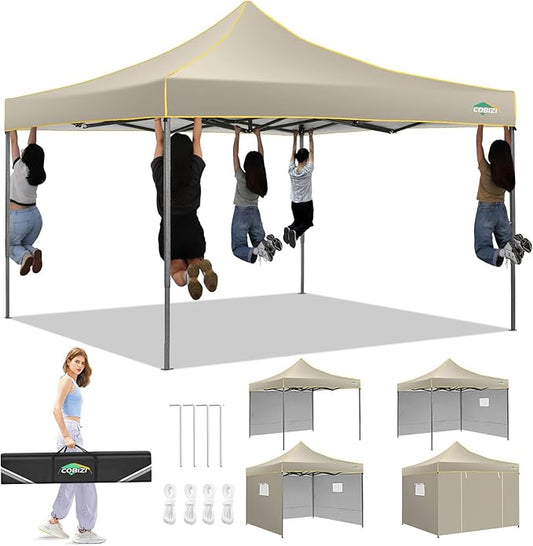 COBIZI 10x10 Pop Up Heavy Duty Canopy Tent with 4 Sidewalls, Easy Setup Outdoor Commercial Instant Tent for Parties Events Canopy with Portable Bag, Waterproof & UPF50+ (Khaki)