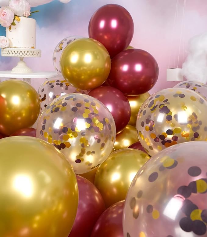 Metallic Burgundy and Gold Balloons 12 Inch 67PCS Gold Maroon Shiny Confetti Balloons Latex Helium Balloon Set for Graduation Wedding Birthday Party Decorations
