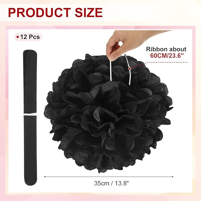 PATIKIL 14inch Tissue Paper Pom Poms, 12PCS Pom Poms Paper Flowers Ball Tissue Paper Flowers for Wedding Bridal Shower Birthday Bachelorette Party Backdrop Decoration, Black