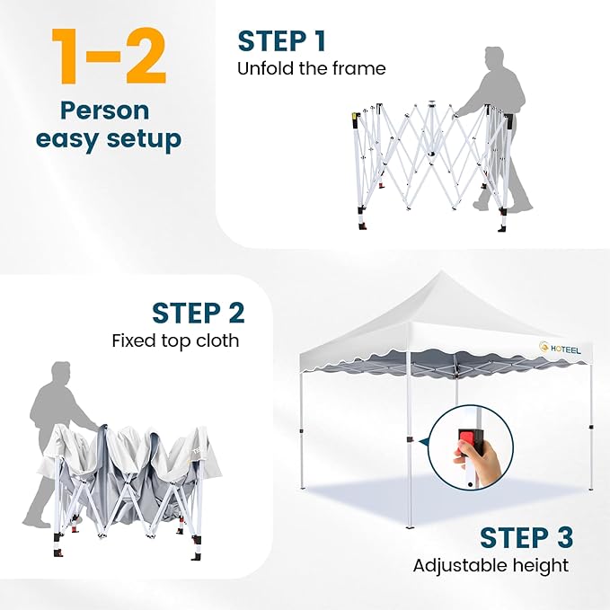 Hoteel 10x10 Pop Up Canopy Tent | One Person Setup Outdoor Shade, UPF 50+ and Waterproof, 210D Oxford Top, 3 Heights Adjustable, 600D Carry Bag for Beach, Events, Commercial Use (White)