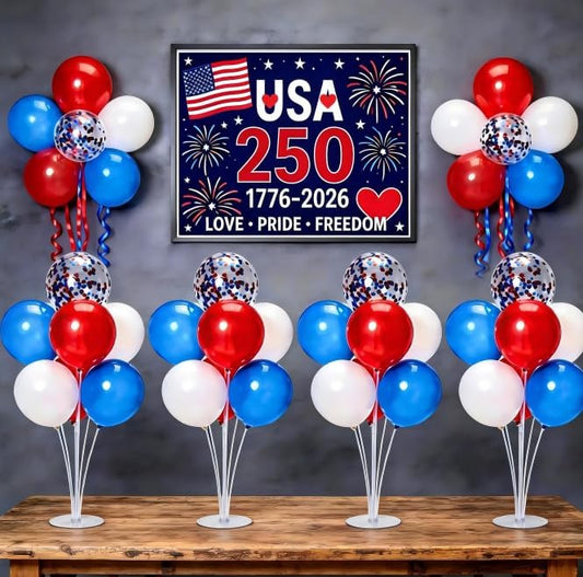 JOYYPOP 4th of July Balloon Centerpieces for Tables 4 Sets Balloon Stand Kit with 40 Red White Blue Confetti Balloons Patriotic 250th Anniversary Independence Day Table Decorations