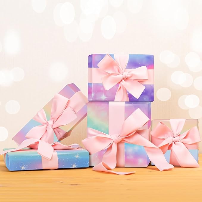 Gradient Wrapping Paper Sheet, Fantasy Style Birthday Wrapping Paper Girls with Double-Sided Tape, Folded Flat Gift Wrapping Paper for Birthday, Party, Wedding, Anniversary, Mother’s Day, 27.6x19.7 Inch Per Sheet