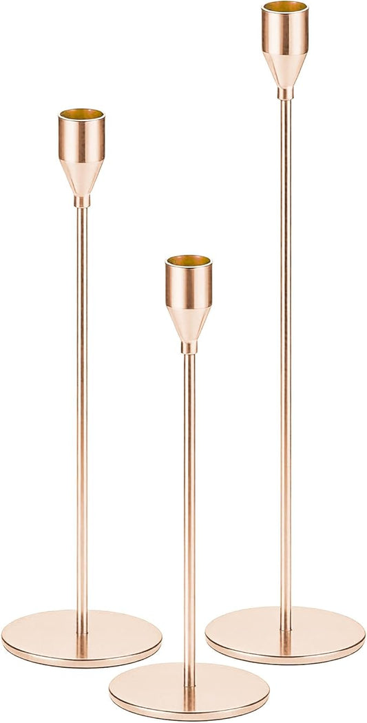 Candlestick Holders, Set of 3 Taper Pink Gold Candle Holder Decor for Date, Festival, Wedding, Party, Dinning or Anniversary, Fit 3/4" Thick Pillar Candles & Led Candles
