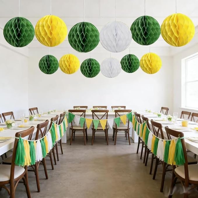 21PCS Green Yellow Party Decorations Tissue Tassel Garland Banner Hanging Paper Honeycomb Balls Streamers Backdrop for Graduation Masters Golf Birthday Wedding Baby Shower