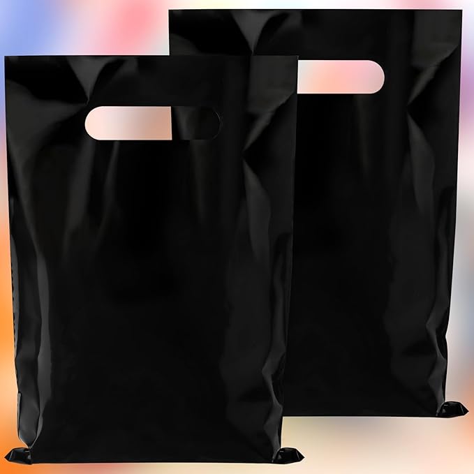 Hxezoc 50 Pieces Black Gift Bags with Handle, Plastic Treat Candy Jewelry Bag Black Party Favor Bag for Baby Shower Birthday Party Decoration Supplies