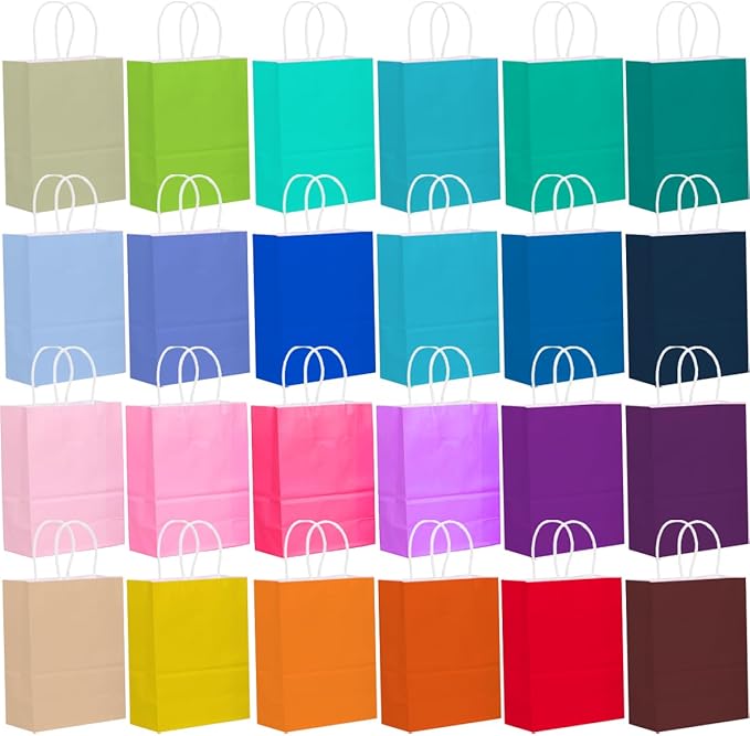 qiqee 24 Colors Small Gift Bag with Handles Bulk 24PCS Paper Party Bags 8.3"x6"x3" Multiple Uses (Small Size)