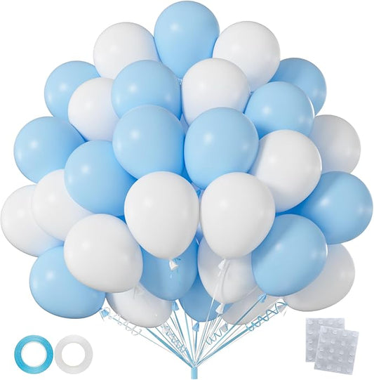 60pcs Blue and White Balloon Kit, 12 Inch Pastel Light Blue White Balloons for Boy Baby Shower Bridal Shower Wedding Gender Reveal Party Decorations (with Ribbons & Glues)
