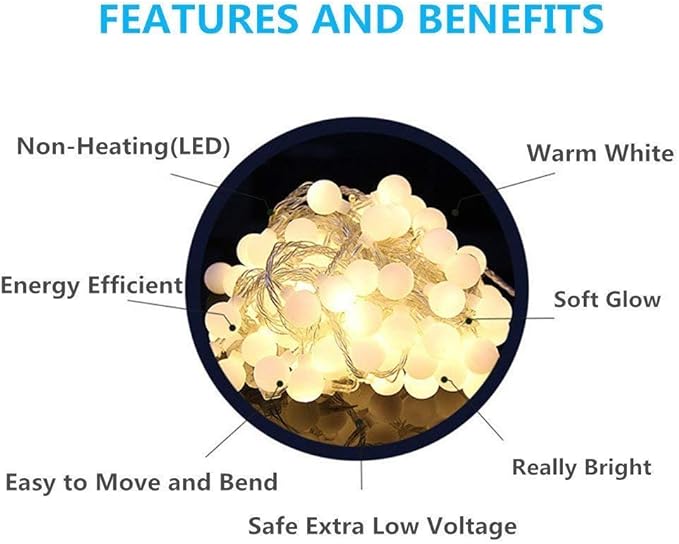 RaThun 49.2ft Globe String Lights with 16ft Extended Lead & Stable Remote - 100 LED Warm White, 8 Distinct Modes, IP44 Waterproof, UL Certified, Linkable for Indoor Outdoor Wedding Party Decor