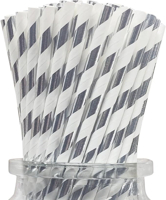 Foil Silver and White Striped Paper Straws, Pack of 100 Disposable Metallic Silver Straw Perfect for Cocktails, Wedding Party Decoration