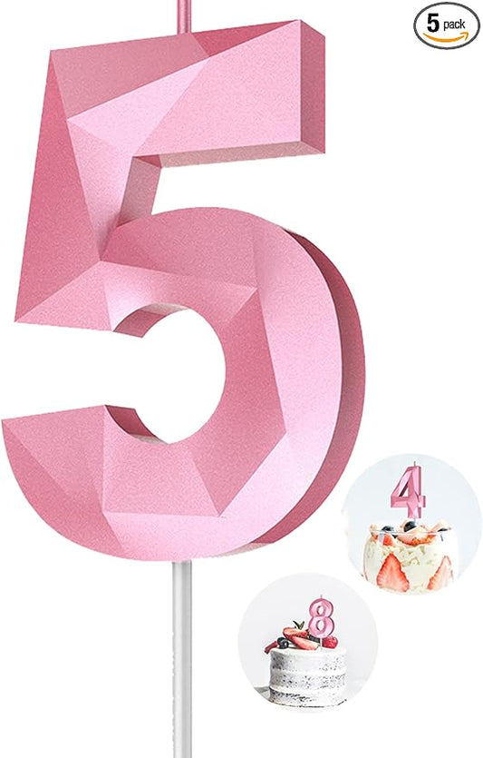 Number Birthday Candles(5 Candle Pink) 3D Diamond Shape 5th Happy Birthday Cake Topper Decorations for Girl Women Birthday Wedding Anniversary Celebration Theme Party Supplies