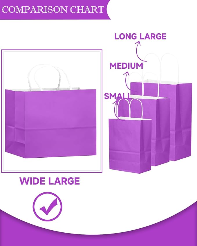 qiqee 24PCS Large Gift Bag with Handles Bulk 13"x4.5"x10" Gift Bags Violet Bags Multiple Uses (32x11x25cm,Wide Large)