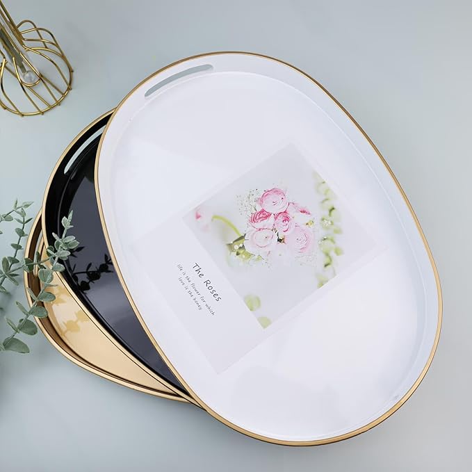Pink Oval Decorative Tray with Handles, Versatile Serving Tray for Coffee Table, Ottoman, Ideal for Serving, Displaying, Organizing, 15.3"*10.6"*1.37"