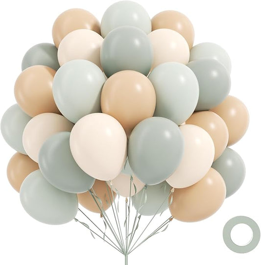 60pcs Neutral Balloons 12inch, Nude Sand White Pastel Dusty Green Balloons for Neutral Baby Shower Birthday Party Decorations