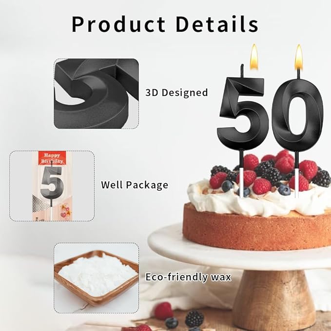 50th Candles, 50th Birthday Cake Topper with 50 Candles, Black Birthday Candles for Men & Women, 50 Birthday Decorations for Women Men