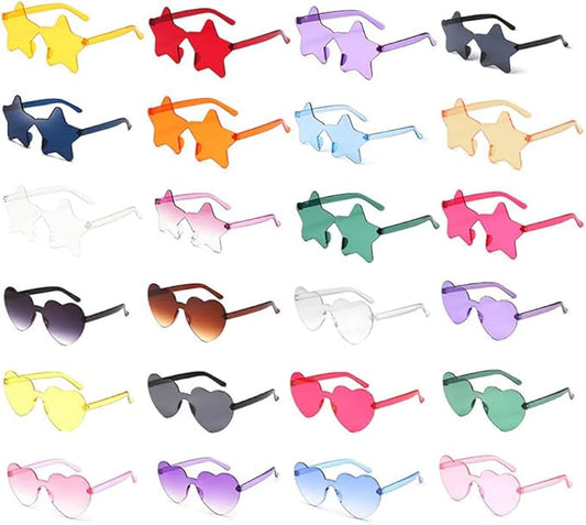 24pc Heart Shaped Sunglasses Set, Rimless Star Shape Sunglasses, Transparent Colorful Frameless Glasses for Party Cosplay