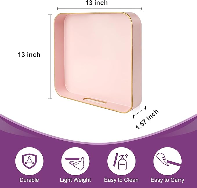 Gifturbo Pink Square Decorative Tray,Serving Tray with Handles with Gold Trimming Plastic Coffee Table Tray for Ottoman, Living Room, Home Decor,Bathroom with Gold Trimming, 13” x 13” x1.57”