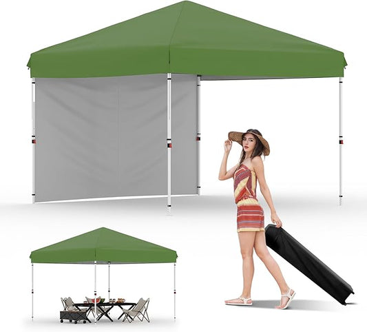 Garvee 10x10 Pop Up Canopy Tent with 1 Removable Sidewall, Heavy Duty Commercial Instant Shelter with One-Person Setup, UPF 50+ Waterproof, 100 Sq Ft Shade for Outdoor Events, Camping, Farmers Market