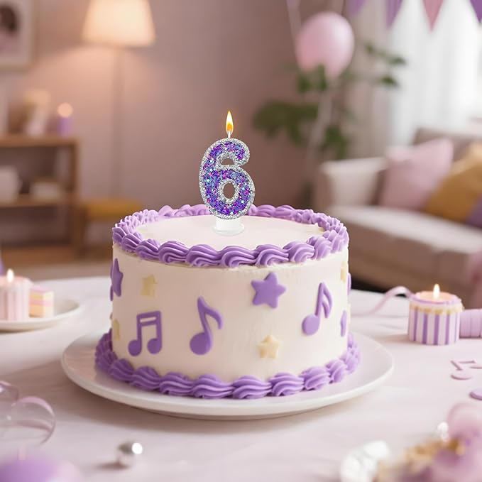 K-pop Number 6 Birthday Candle, Star Glitter Filled Number Candle, Purple Silver Fantasy Cake Topper for Birthday Party Decoration