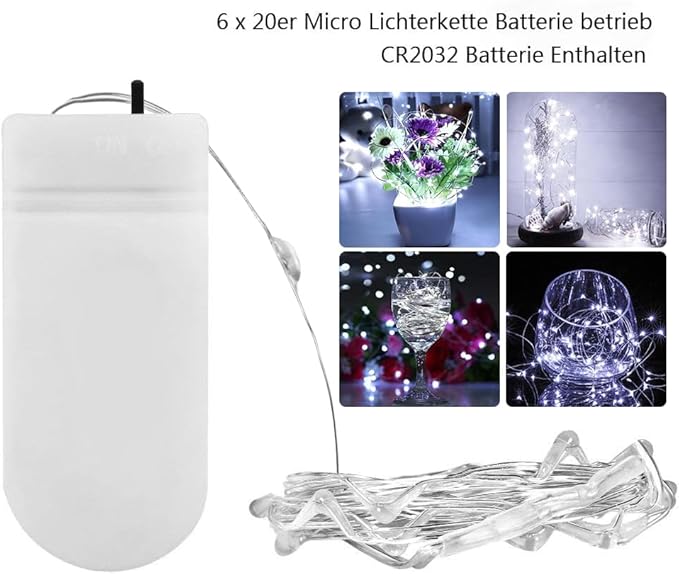 BXROIU Fairy Lights CR2032 Battery Operated,6.6Ft/2Meter 20 LEDs Micro Silver Wire String Lights for Bedroom Christmas Party Wedding Decoration(Cool White, 12 Pack)