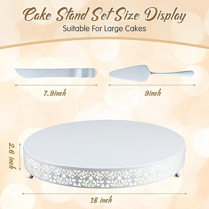 Wenqik 18 Inch White Cake Stand Set Metal Round Cupcake Dessert Stand with Cake Cutting, Spatula Wedding Cupcake Pastry Display Candy Holder Display for Wedding Party Birthday Baby Shower(Classic)