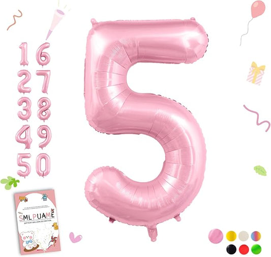 Pastel Pink 5 Balloons, 40 Inch Large Light Pink Foil Number Balloons 0-10, Self-Sealing 5th Birthday Balloon for Girls Women Anniversary Baby Shower Princess Party Decorations Supplies