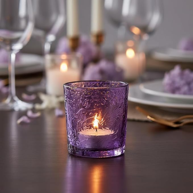 6 Pack Hummingbird Embossed Glass Candle Holders – Votive Tealight Holders with Patent Design, Decorative Embossed Glass Cups for Wedding Centerpieces, Parties, and Home Décor (Amethyst Bloom)