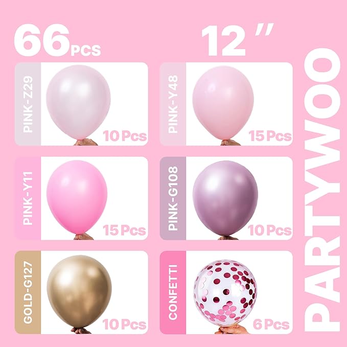 PartyWoo Pink and Gold Balloons 66pcs 12 Inch Metallic Gold Pearl Matte Hot Light Pastel Pink Confetti Balloons for Gender Reveal Baby Shower Bridal Shower Princess Birthday Party Decorations