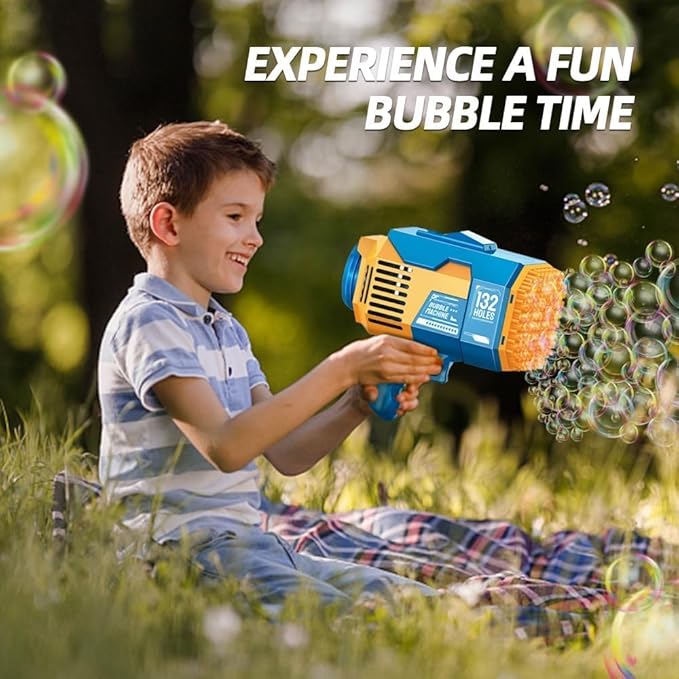 Upgraded 132 Holes Bubble Machine Gun,Bazooka Bubble Machine,Rocket Bubble Gun Bubble Machine,Summer Toys Bubble Blaster Maker for Kids, Wedding,Birthday Gift (Blue)