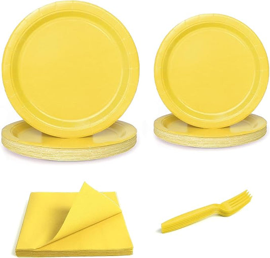 96 Pcs Party Plates, Yellow Paper Plates and Napkins, Disposable Tableware Set, Party Supplies for Kids Birthday Baby Shower Wedding Picnic, Serve for 24 Guests