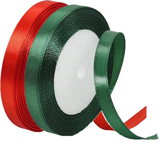 Red Christmas Ribbon, Dark Green Red Satin Ribbon 3/8 Inch 50 Yards Fabric Ribbons for Christmas Party Decorations, Gift Wrapping, Tree Ornaments, Bouquets, Door Wreaths, Bows Making and DIY Crafts