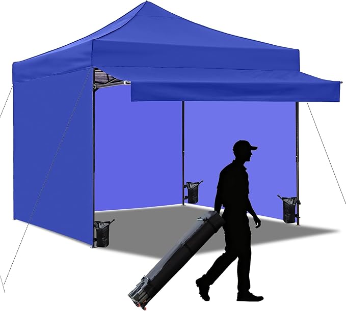 10x10 Pop up Canopy Tent with Awning Easy up Canopy with Wheel Bag Heavy Duty Waterproof Canopy Commercial Gazebo Tent for Outdoors Parties Vendors (Blue)