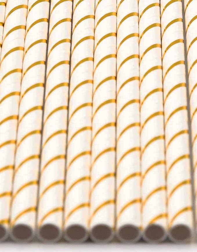 Pack of 300 Gold Foil Stripes Biodegradable 4-Ply Paper Drinking Straws (Compostable, Non-toxic, BPA-free)