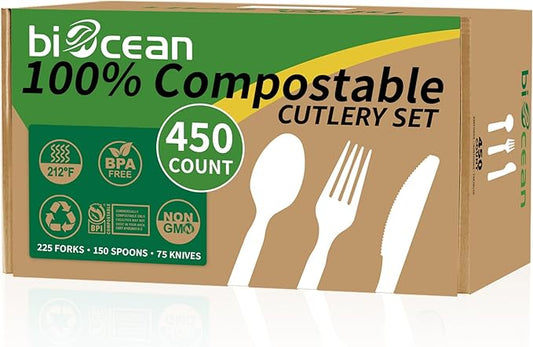 450 Counts Compostable Forks Spoons Knives Set Disposable Forks Utensils Heavy Duty Silverware Eco Friendly Flatware for Party Camping Picnics White forks spoons and knives set