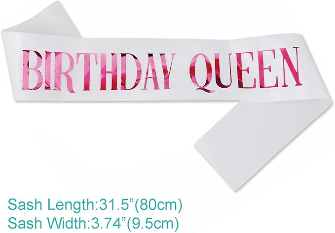 Birthday Queen Sash, Pink Foil White Birthday Sash for Women 21st 30th 40th 50th 60th 70th Fun Birthday Party Favors Gifts Decorations