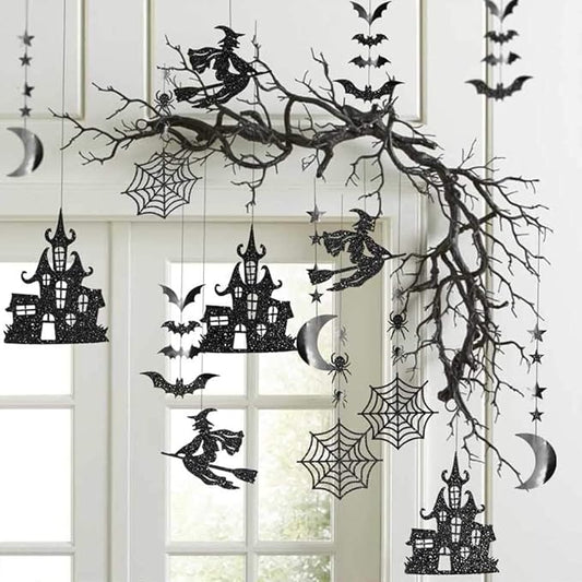 Cheerland Clearance Witch Decorations Gothic Hanging Banner Indoor Garland Glitter Black Decor Moon Star Glitter Garland Decoration Haunted House Witchcraft Decor Birthday Halloween Party Supplies