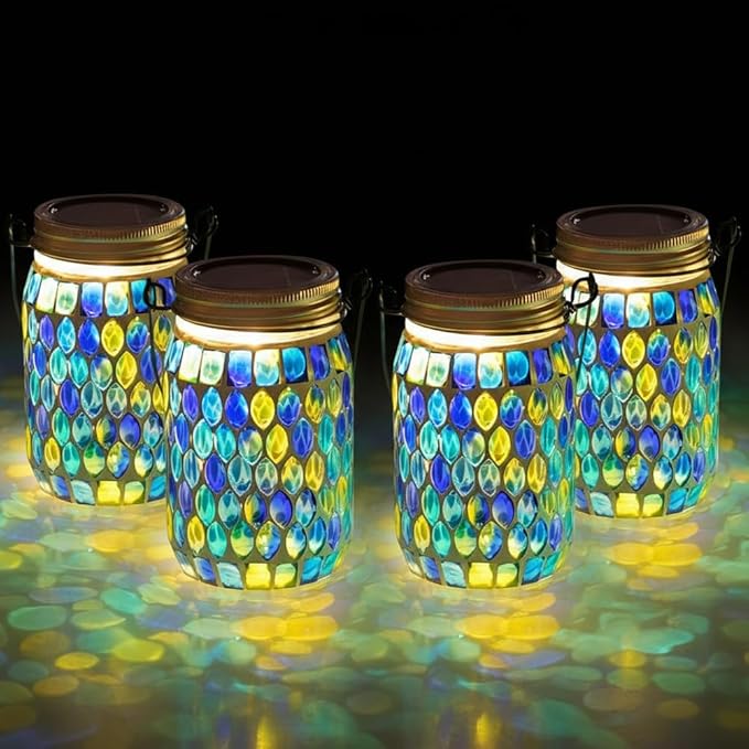 Starsoul 4 Pack Solar Lanterns Outdoor Waterproof, Decorative Teal Mosaic Glass Outdoor Lantern, Hanging Solar Garden Lights for Outside Pathway Patio Porch Yard Table, Gifts for Women Mom Grandma