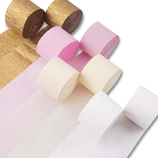 PartyWoo Crepe Paper Streamers 8 Rolls 656ft, Pack of Metallic Gold, White and Pink Party Streamers for Party Decorations, Birthday Decorations, Wedding Decorations (1.8 Inch x 82 Ft/Roll)