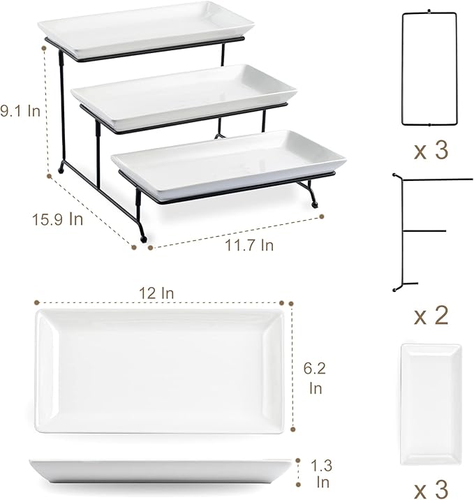 LYEOBOH Tiered Serving Stand and Platters Set, Large Tiered Tray Stand, 3 Tier Serving Tray with Collapsible Sturdier Rack, 12 Inches Tier Serving Platter for Party, Display, Dessert, and Cupcake